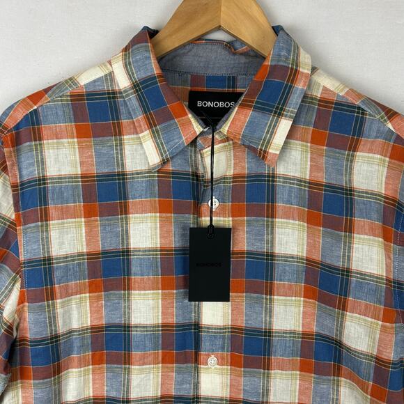 Bonobos Linen Blend Blue Plaid Button Up Shirt Long Sleeve Rust Men's Size M - Picture 2 of 11
